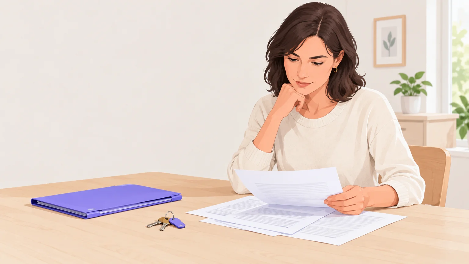 Une propriétaire examine un contrat de location meublée à une table, avec des clés et un dossier violet à proximité.