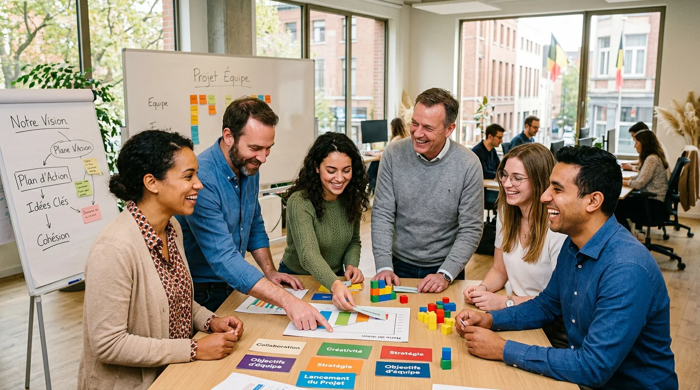 Collègues participant ensemble à une activité de cohésion d'équipe dans un bureau moderne