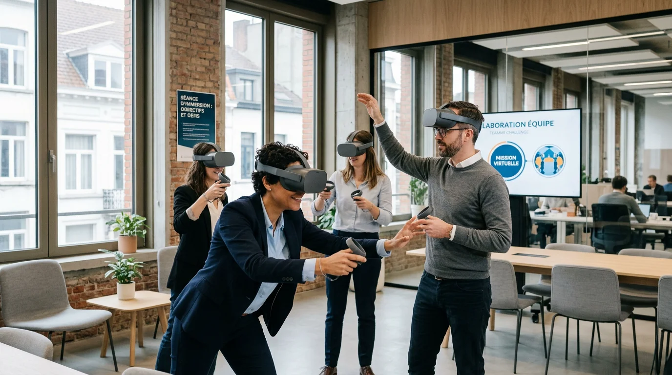Collaborateurs équipés de casques de réalité virtuelle lors d'un team building immersif