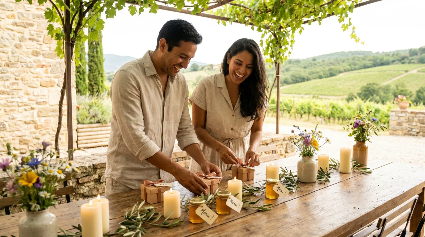 Couple préparant des cadeaux invités mariage sur une table en bois décorée
