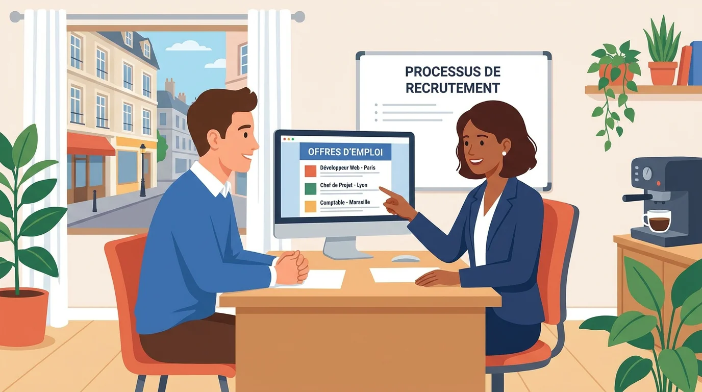 Candidat en entretien dans une agence d'emploi pour une mission intérimaire de qualité en France