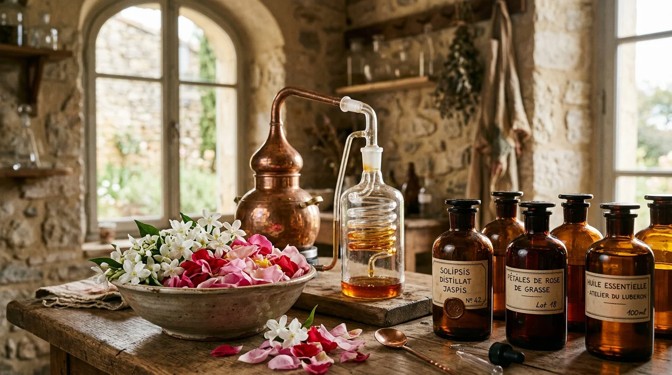 Atelier de parfumerie française avec fleurs de jasmin et essences