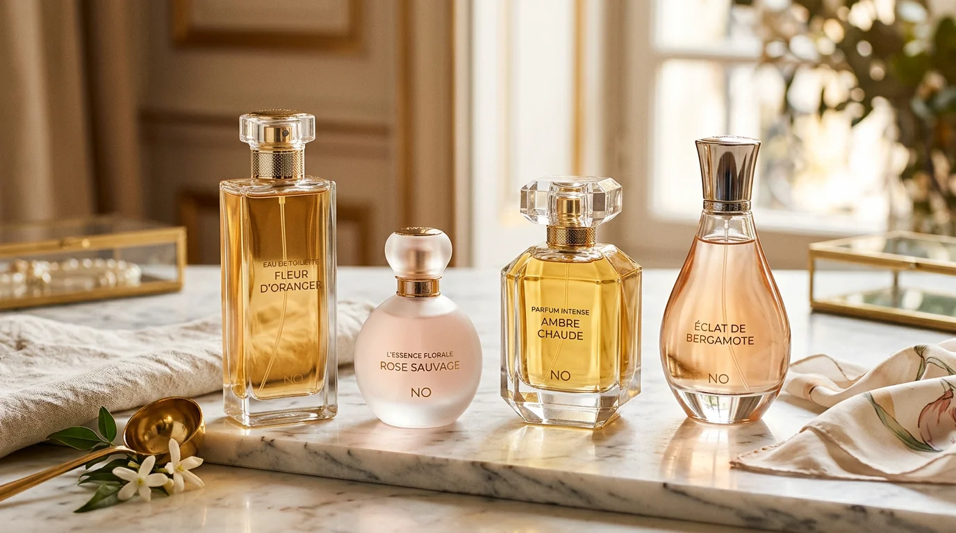 Collection de flacons de parfum de luxe sur une surface en marbre