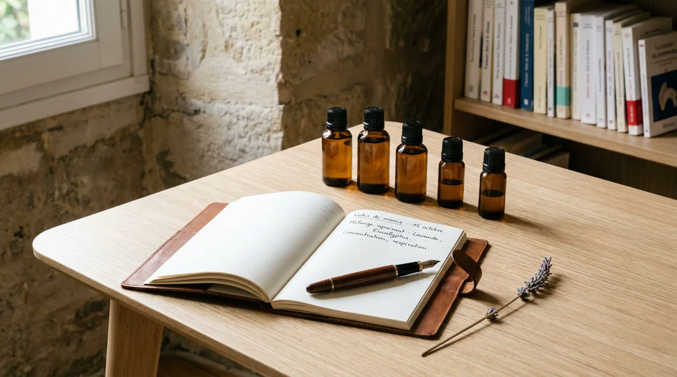 Table de praticien avec flacons d'huiles essentielles, carnet et lavande séchée