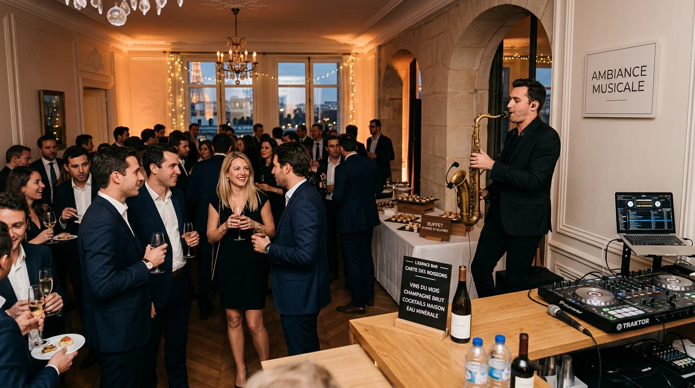 Saxophoniste live et DJ animant le cocktail d'une soirée d'entreprise élégante