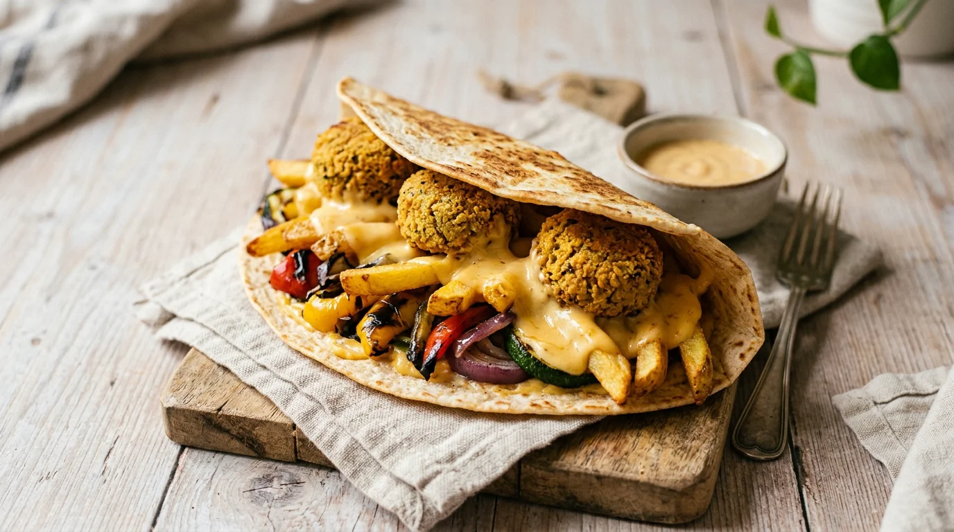 Tacos français végétarien ouvert avec falafels, frites et sauce fromagère