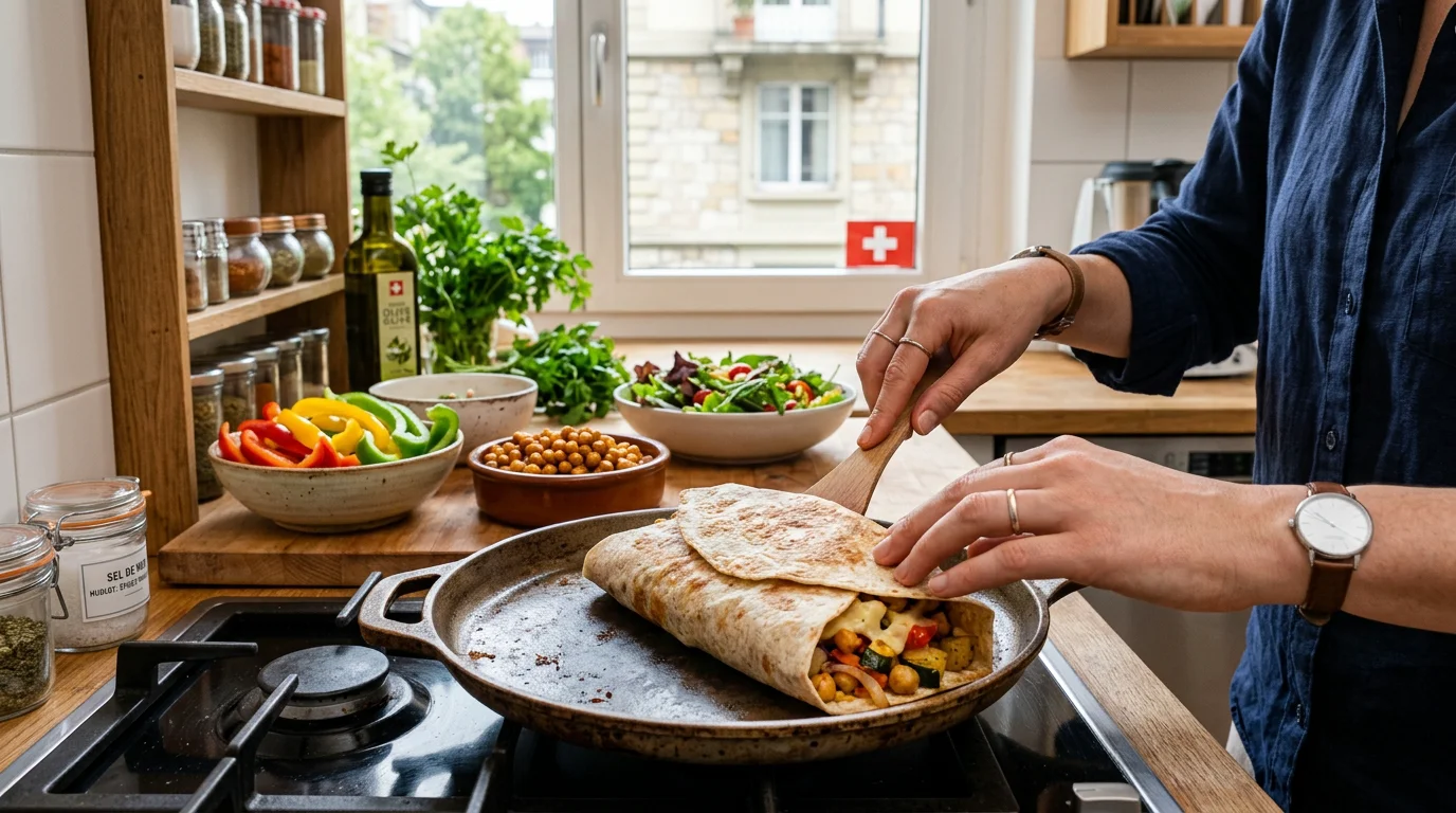 Préparation maison d'un tacos français végétarien sur une poêle