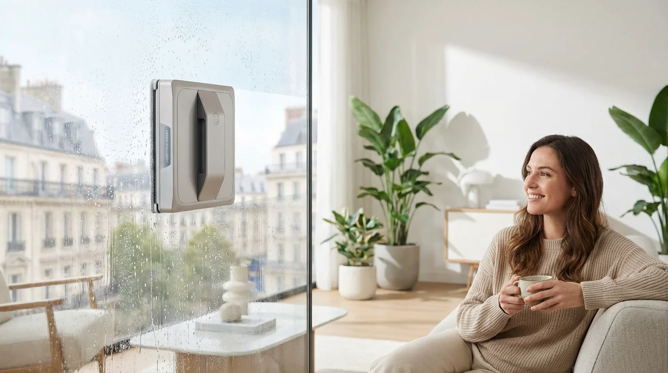 Robot lave-vitre en fonctionnement sur une grande baie vitrée dans un salon lumineux