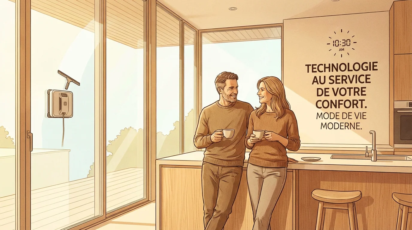 Couple observant un robot lave-vitre nettoyer une grande baie vitrée en toute sécurité