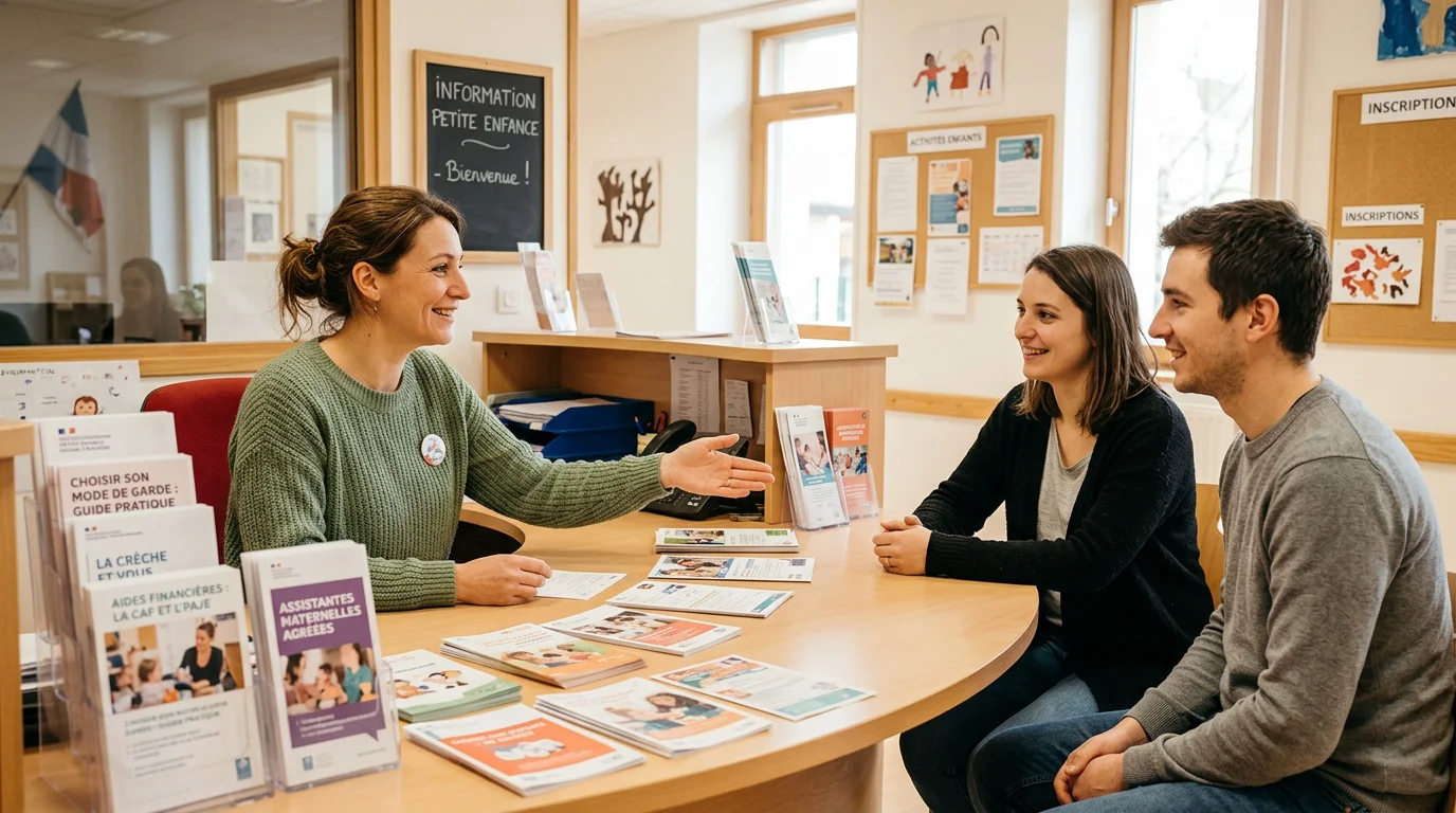 Une animatrice de relais petite enfance informe deux parents sur les modes d'accueil