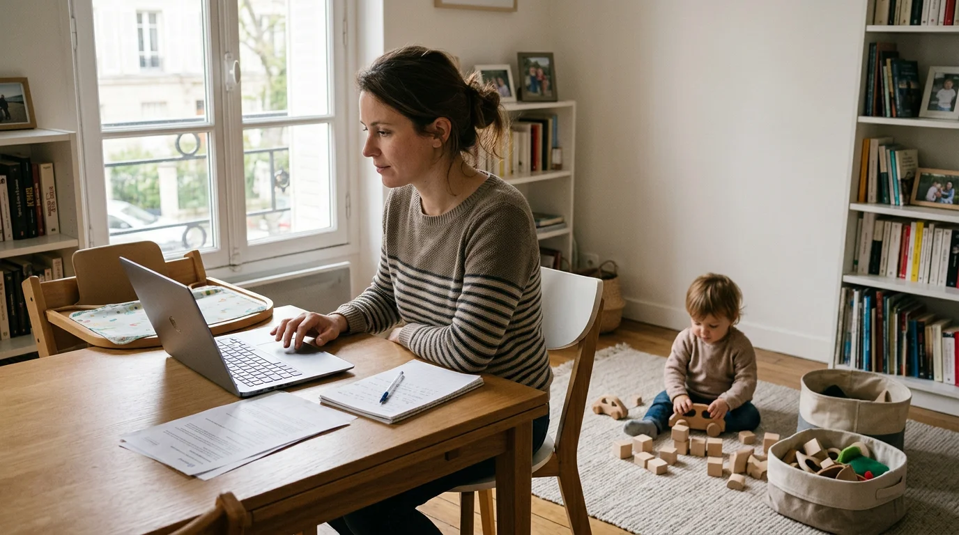 Un parent compare des profils de garde d'enfants sur un ordinateur à la maison