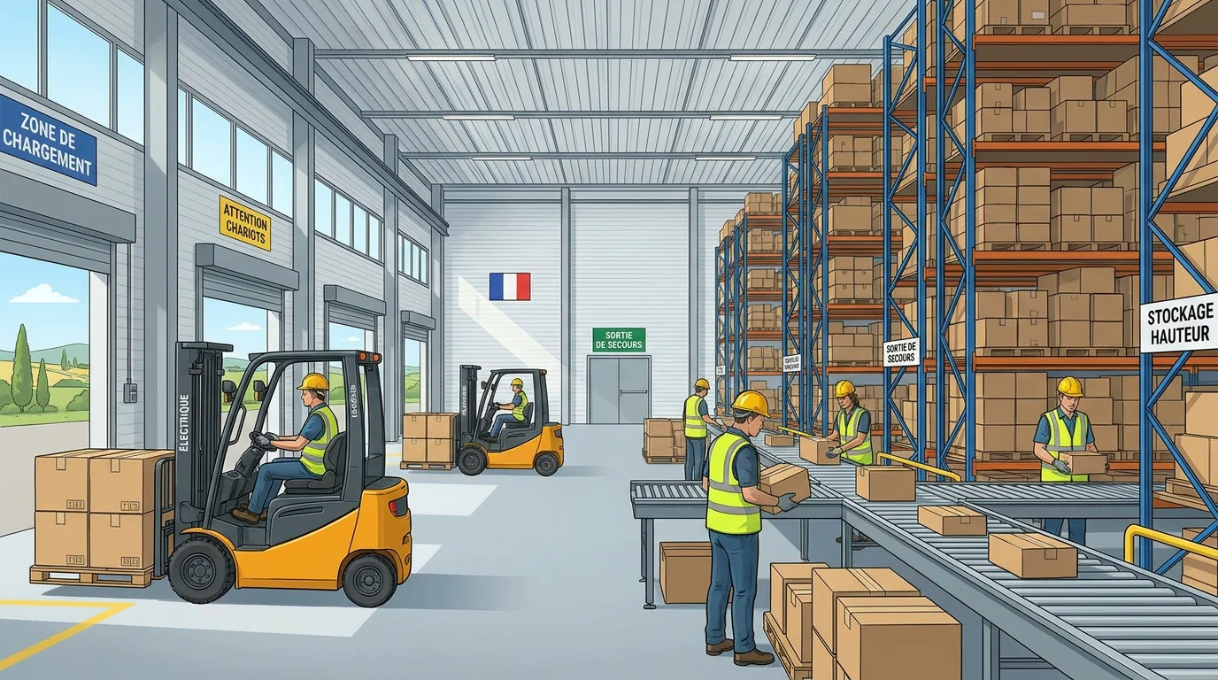 Entrepôt logistique moderne en France avec des employés en activité