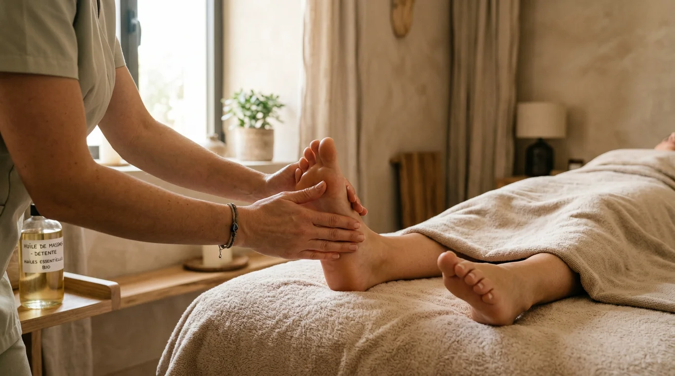 Massage professionnel des pieds dans une ambiance de spa apaisante