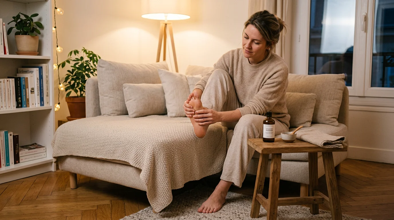 Auto-massage des pieds à la maison avec une huile de massage