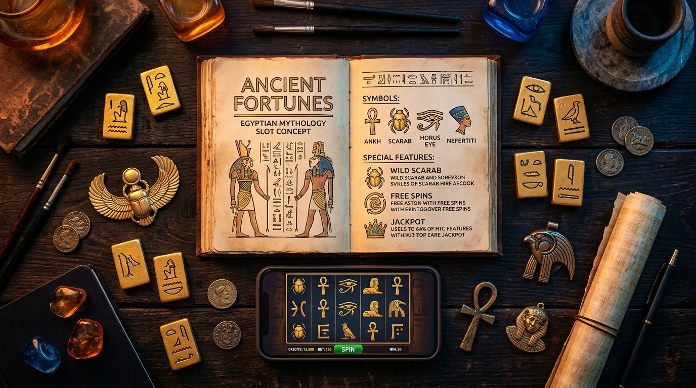 Ancient Egyptian themed slot concept with golden tiles and a smartphone showing an abstract reel grid