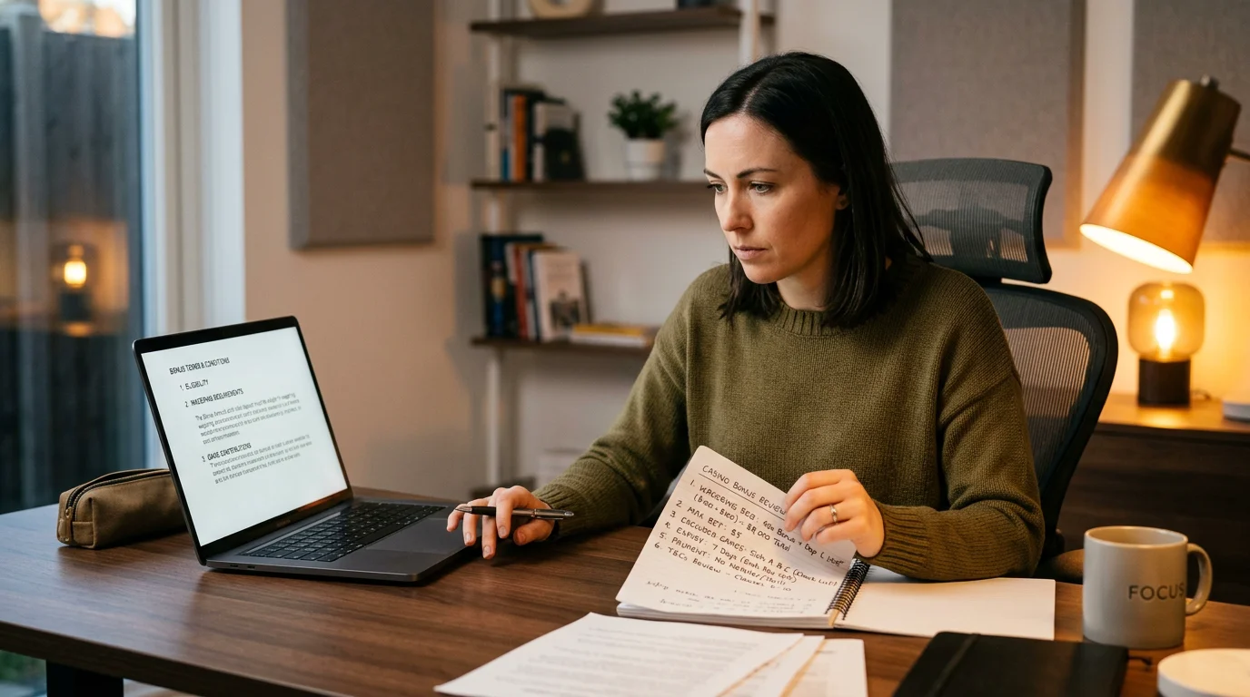 Person comparing casino bonus terms on a laptop and notepad at a desk