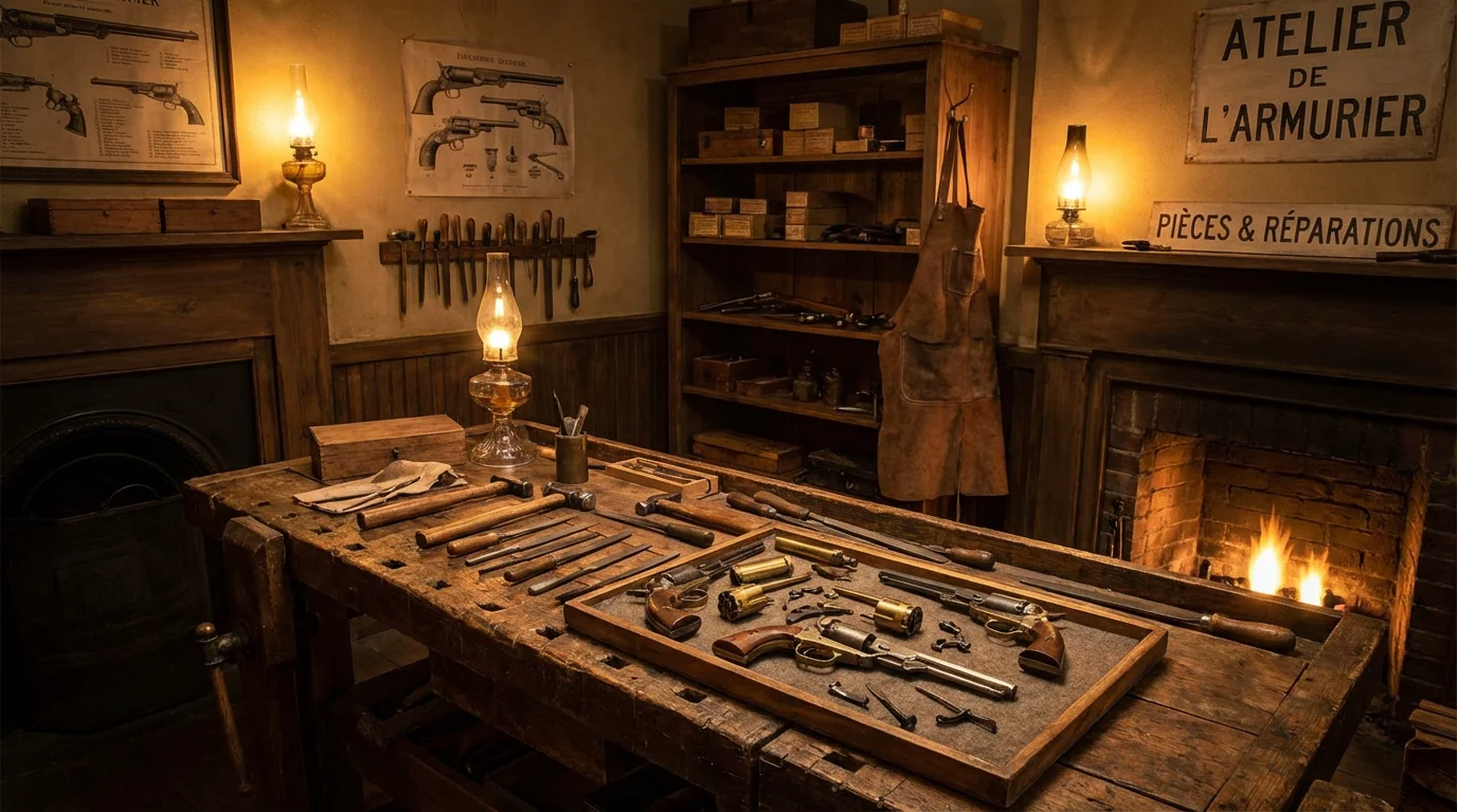 Atelier d'armurerie historique avec outils de précision et pièces de revolver sur un établi en bois