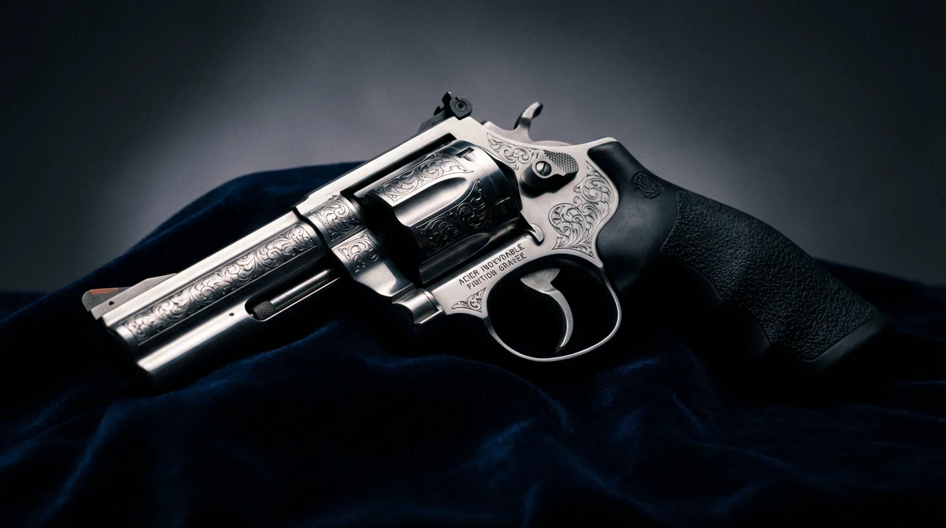 Revolver en acier inoxydable posé sur un tissu sombre avec éclairage dramatique mettant en valeur les détails de finition