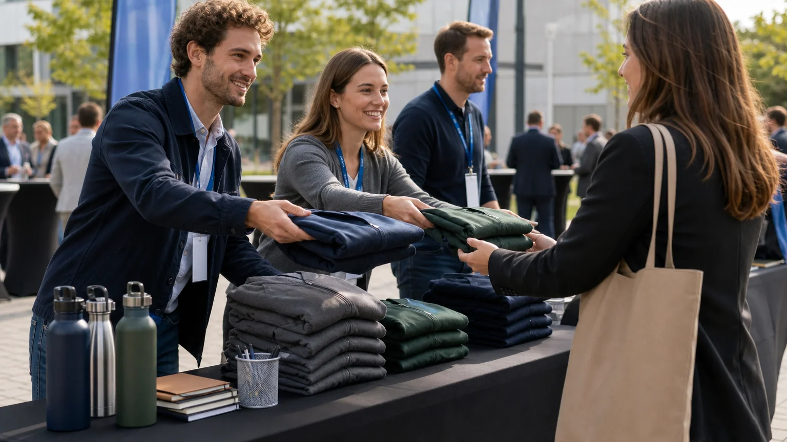 Professionnels distribuant des vestes personnalisables et des objets publicitaires lors d’un événement