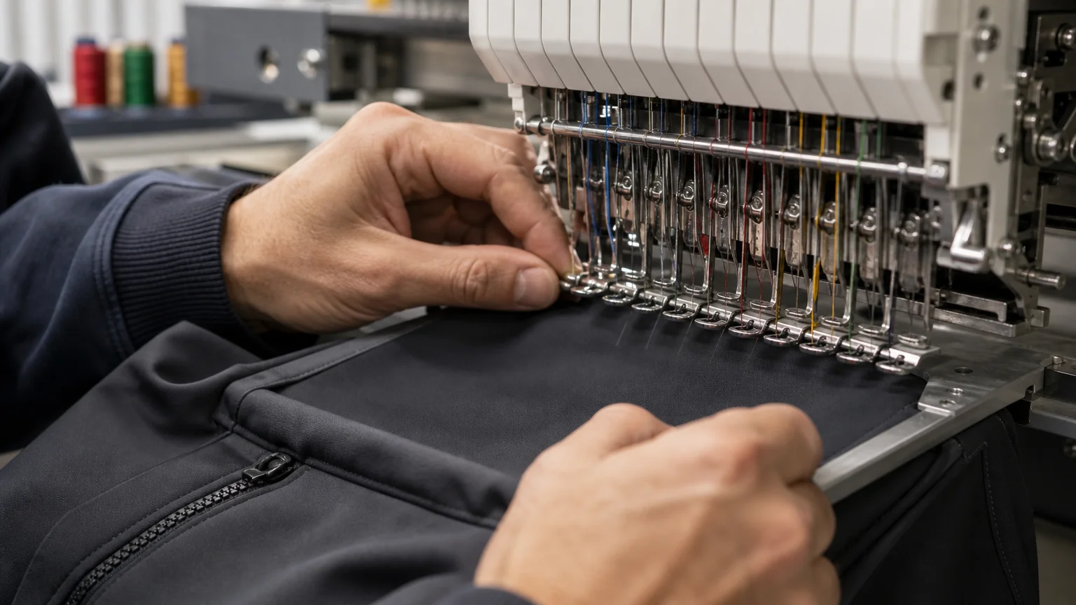 Détail d’une broderie réalisée sur une veste softshell personnalisable
