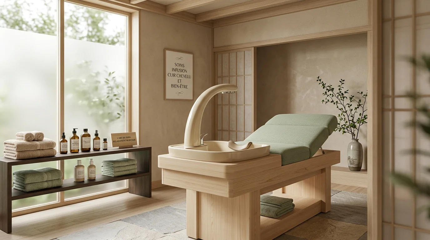 Table head spa japonaise installée dans une cabine de soin bien-être