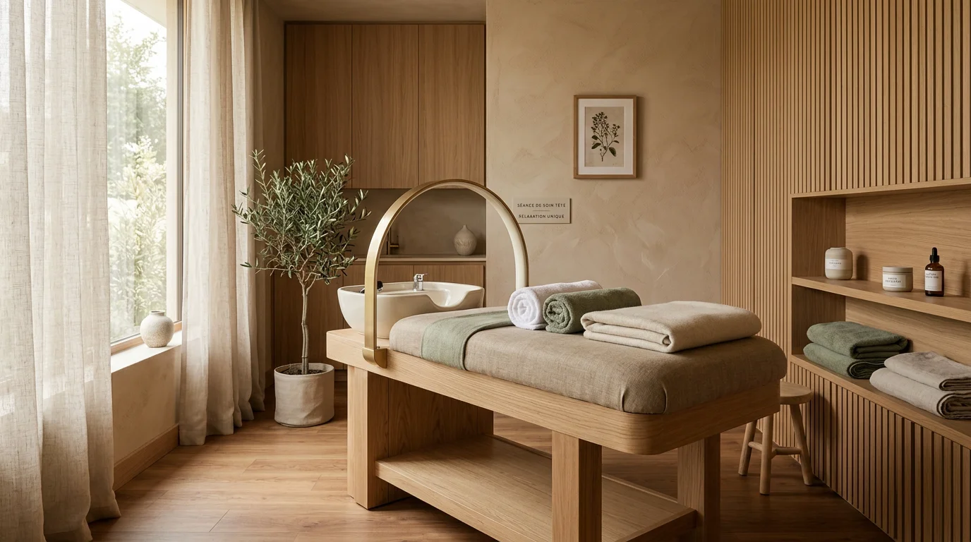 Table head spa japonaise avec vasque intégrée dans une cabine de soin