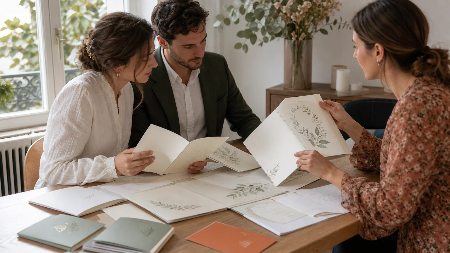 Couple comparant des formats de livrets de messe avant impression