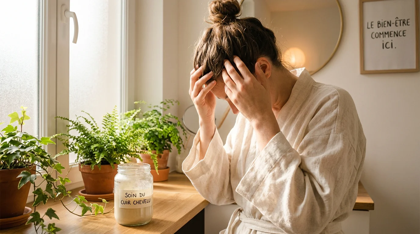 Femme massant son cuir chevelu pour stimuler la pousse des cheveux
