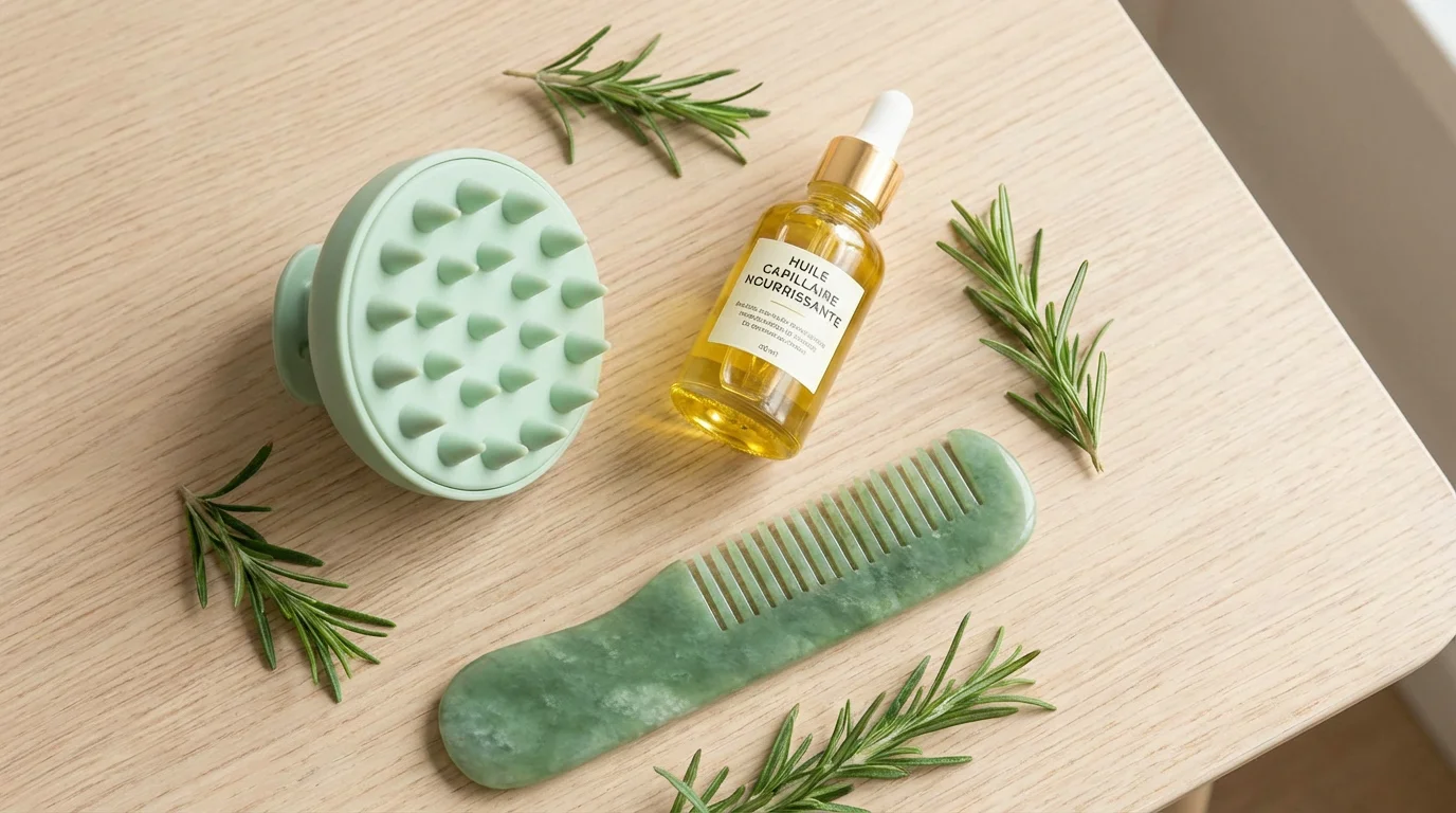 Rituel capillaire naturel avec brosse massante et huile de croissance pour stimuler la pousse