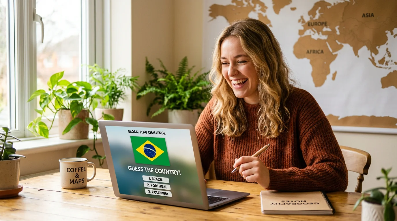 Person playing a free country flag game on a laptop