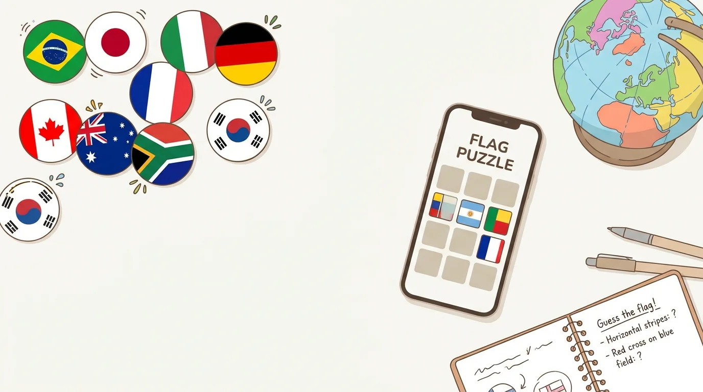 Flat lay of flags, a globe, and a flag puzzle on a phone