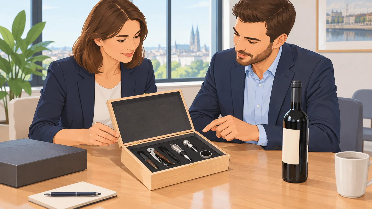 Des professionnels comparent un coffret d’accessoires de vin et une bouteille