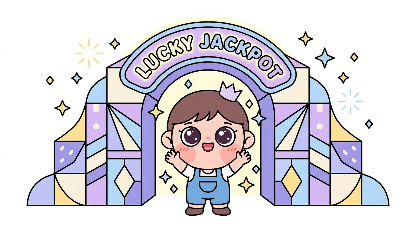 Cute cartoon character excitedly standing in front of a colorful pastel casino entrance