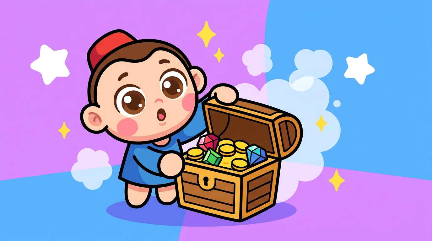Cute cartoon character opening a treasure chest filled with gold coins representing new online casino bonuses