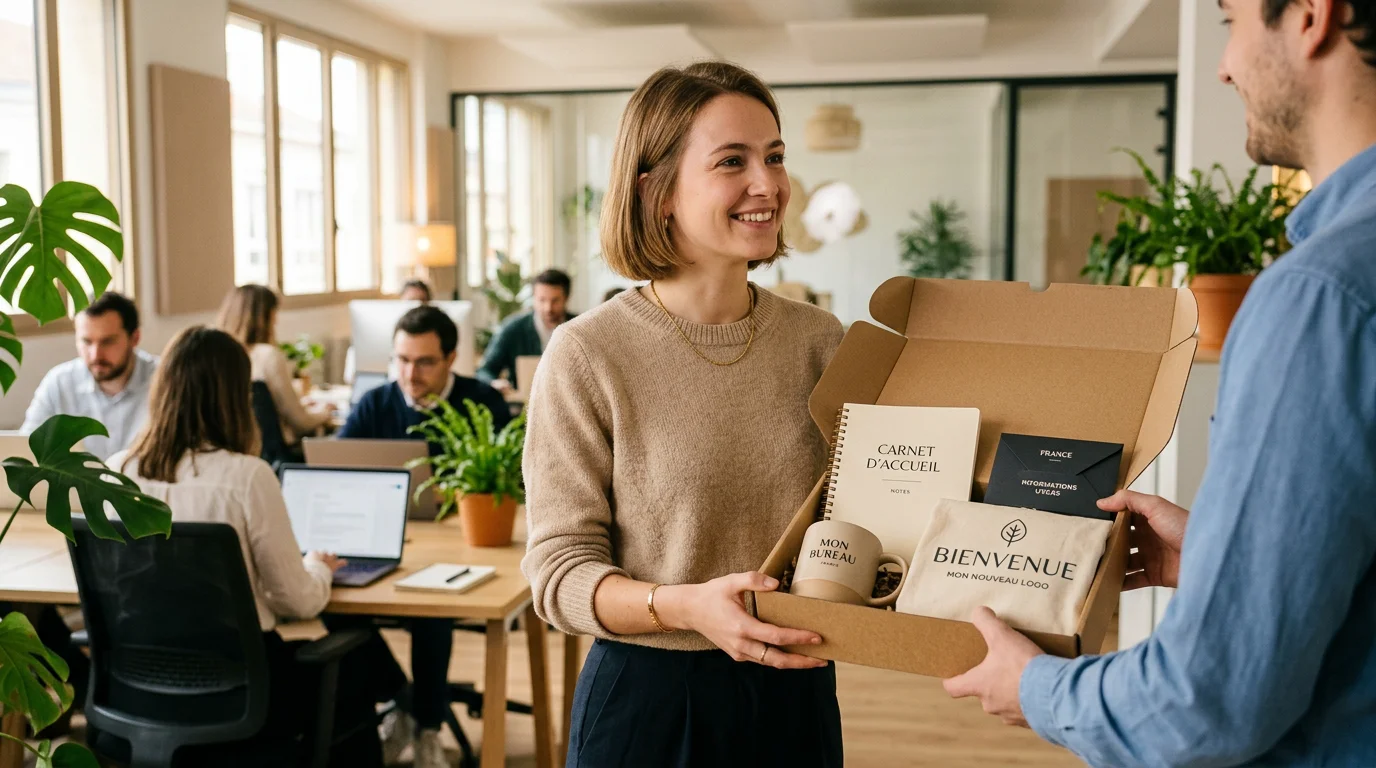 Une nouvelle collaboratrice découvre son kit de bienvenue dans un bureau lumineux