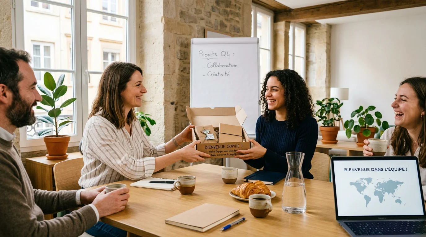 Une équipe accueille un nouveau collaborateur autour d'un café de bienvenue