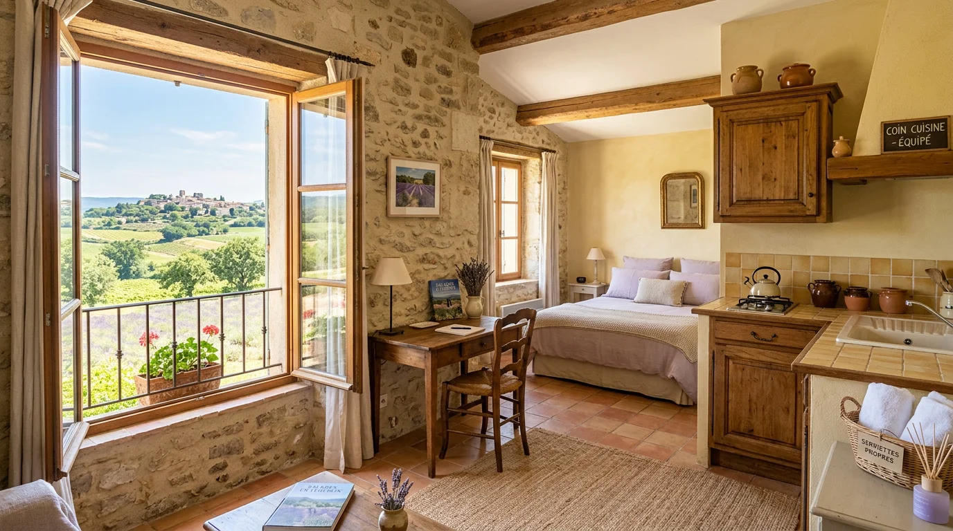Studio lumineux avec kitchenette ouvert sur un paysage du Luberon