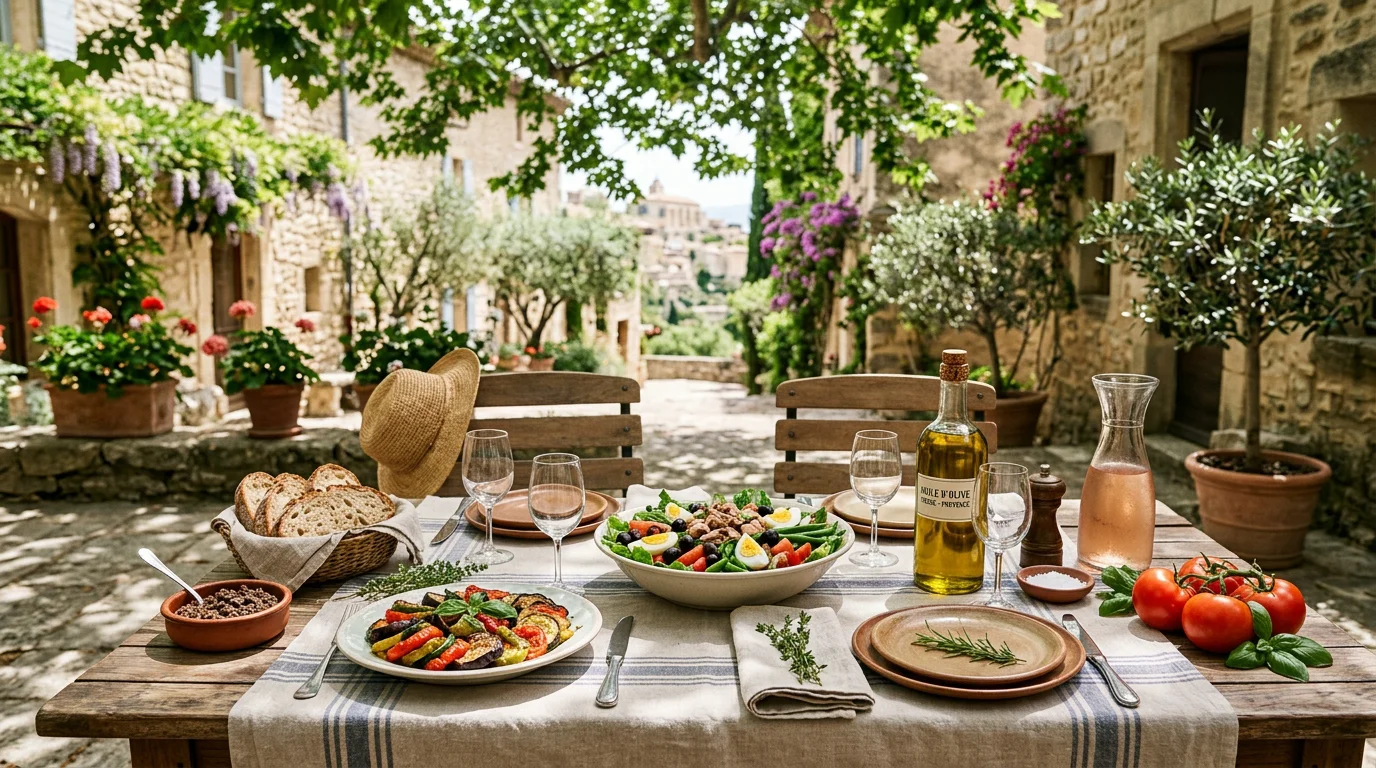 Terrasse de restaurant provençal ombragée avec plats de saison