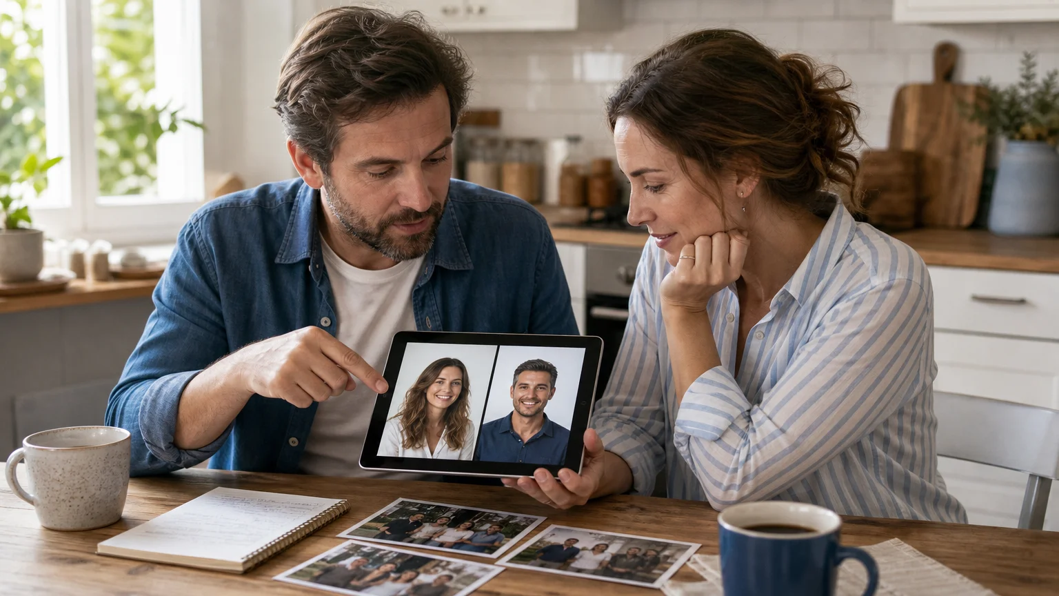 Couple reviewing portrait references before creating an AI shared photo