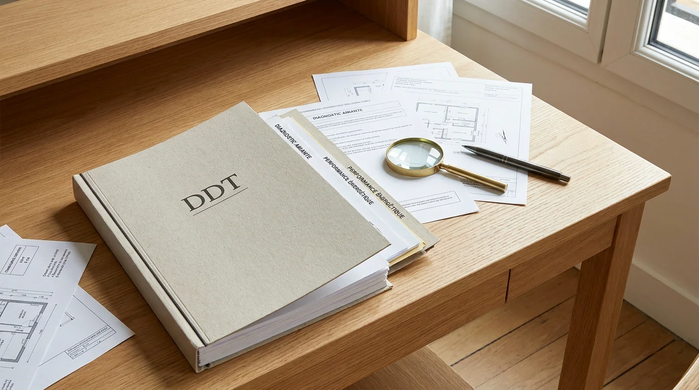 Dossier de diagnostic technique immobilier posé sur un bureau professionnel