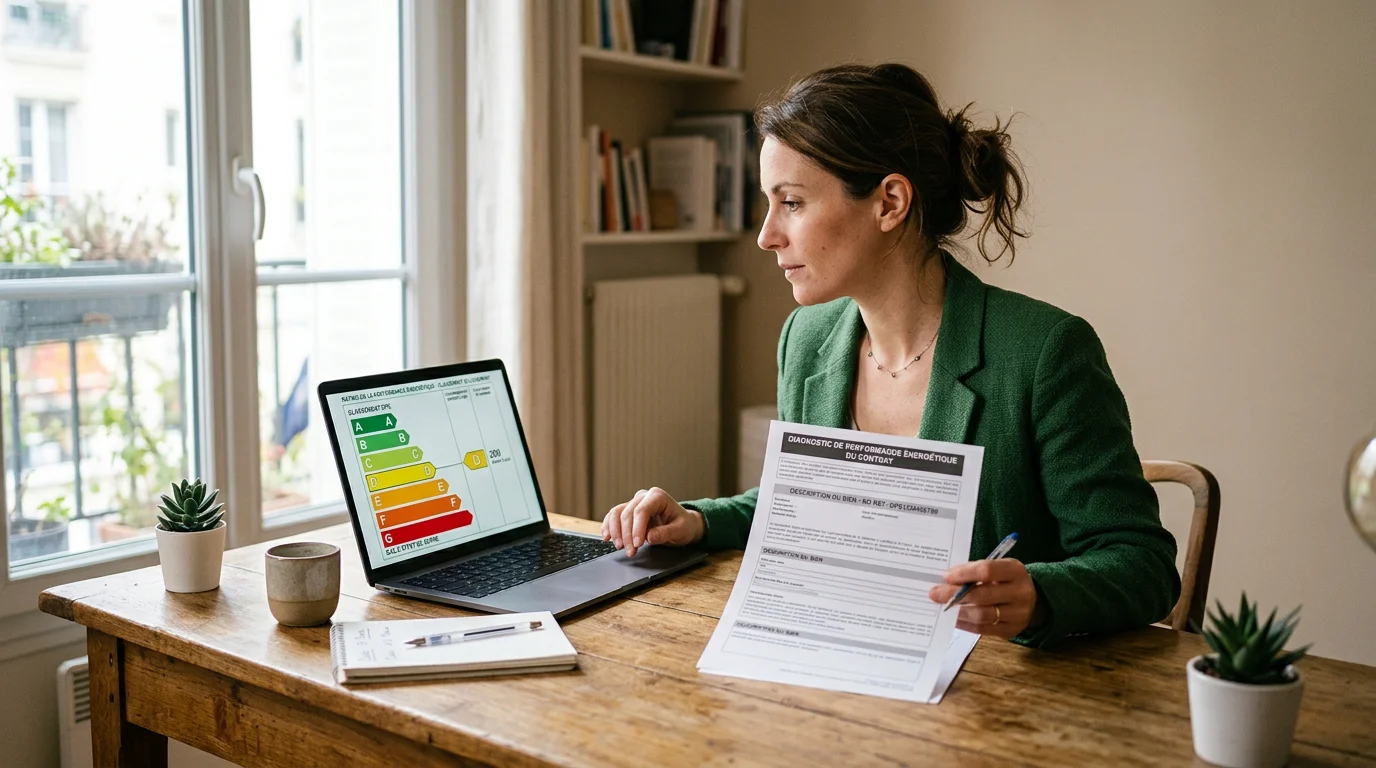 Personne consultant son étiquette énergie DPE sur un ordinateur portable