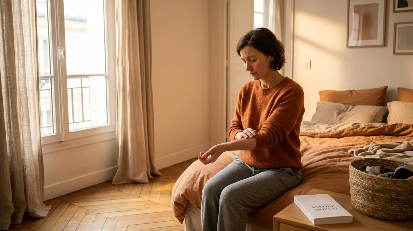 Personne examinant des piqûres de punaise de lit sur son bras au réveil