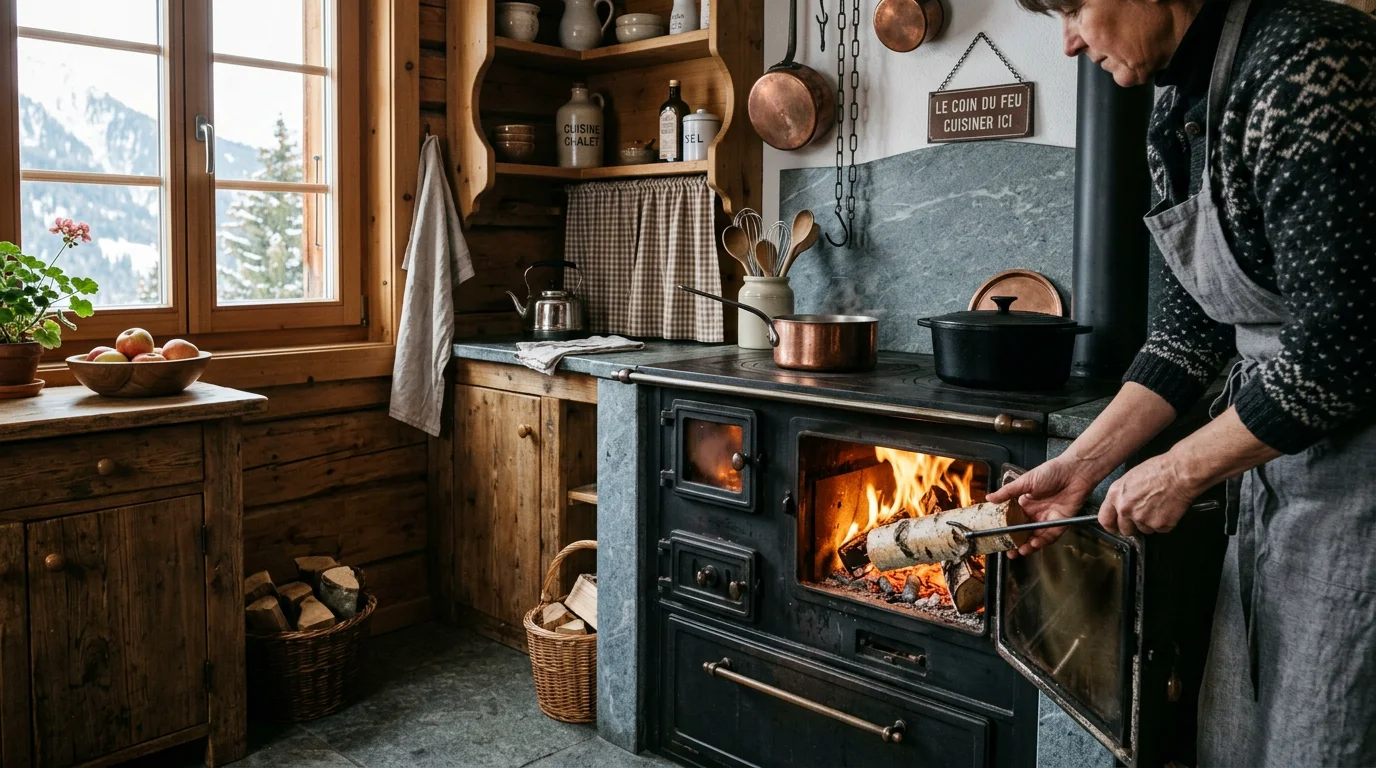 Cuisinière à bois traditionnelle au cœur d'une cuisine de chalet suisse