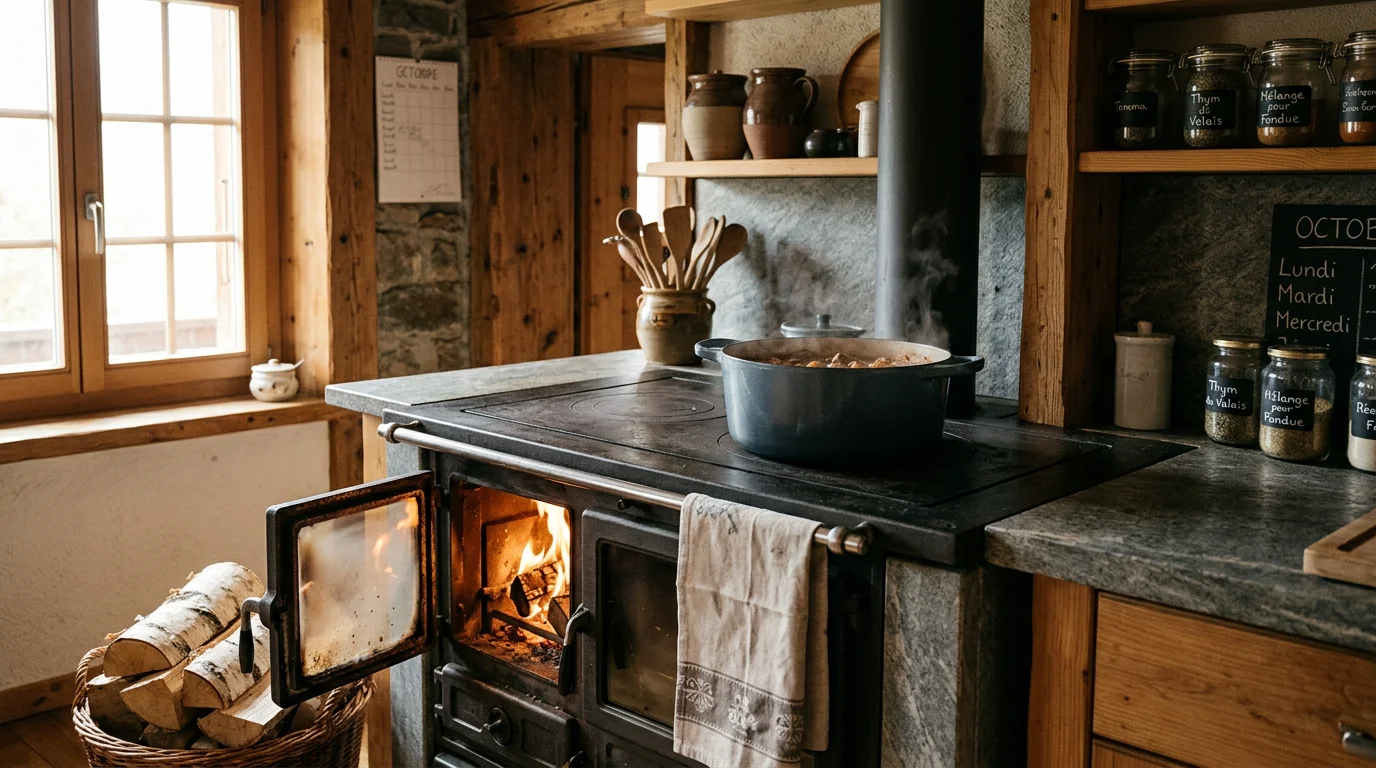 Cuisinière à bois traditionnelle dans une cuisine de chalet suisse