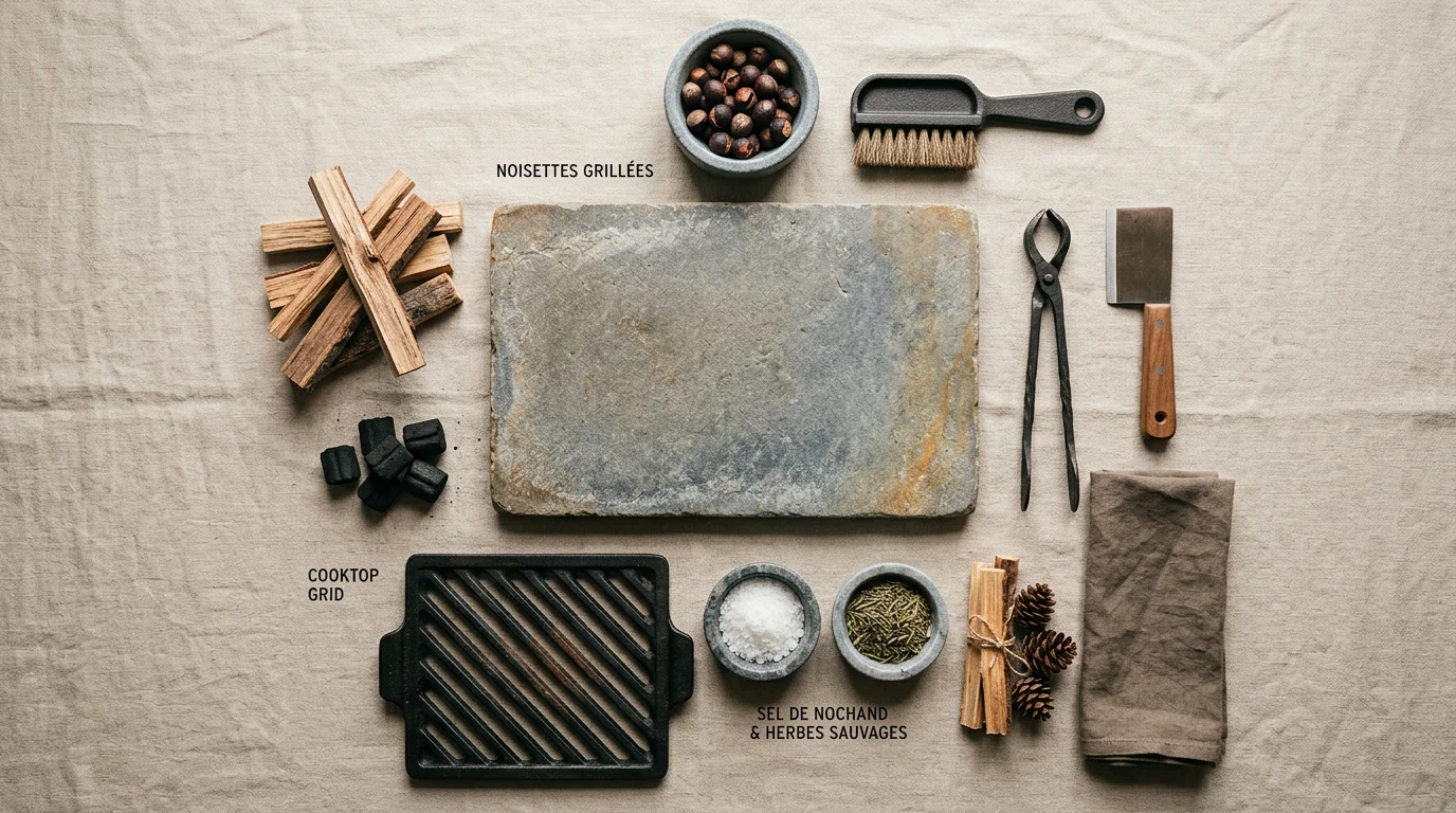 Accessoires de cuisson en pierre ollaire et bois d'allumage