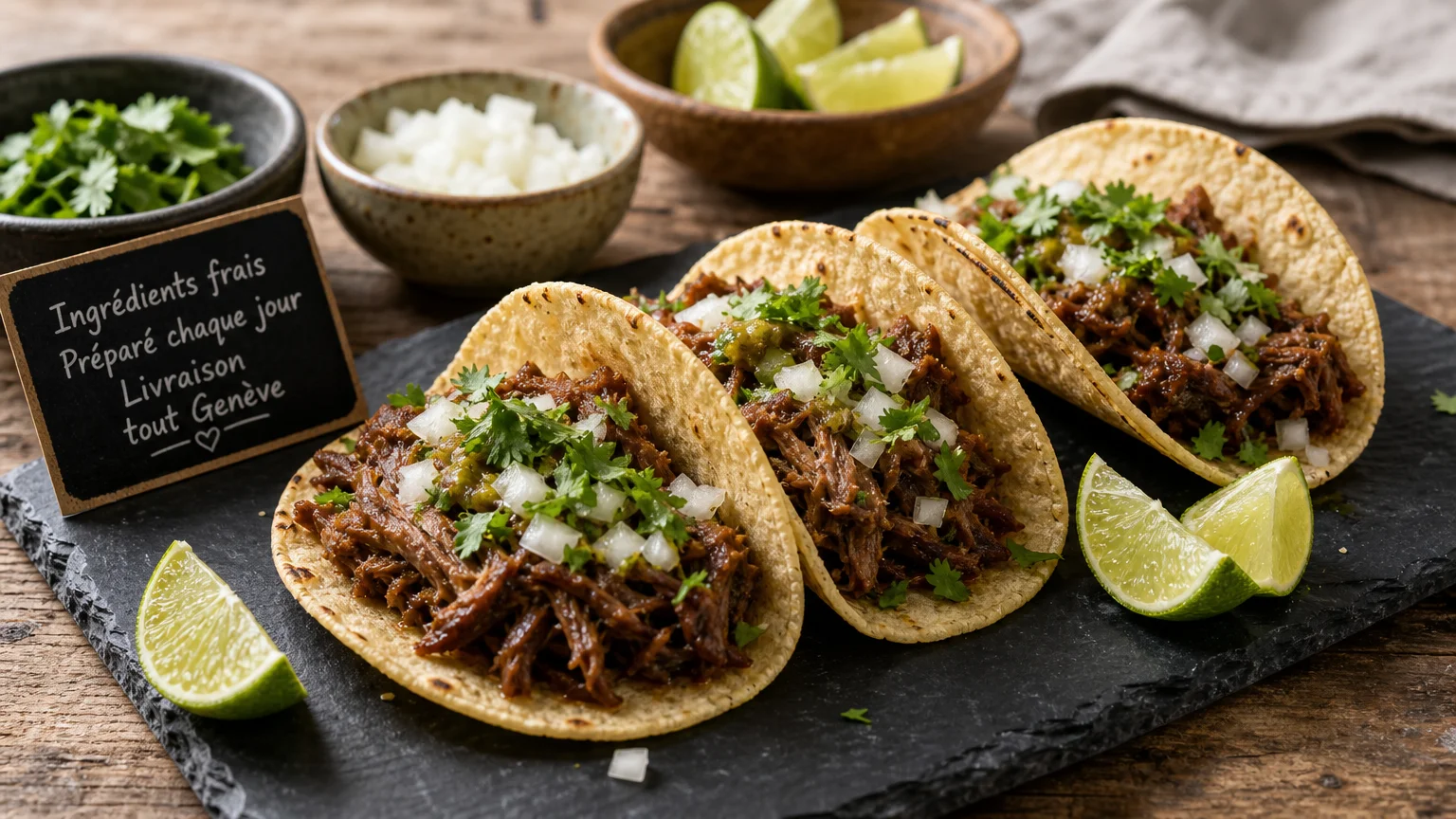 Trois petits tacos ouverts garnis de viande, oignon et coriandre sur une ardoise