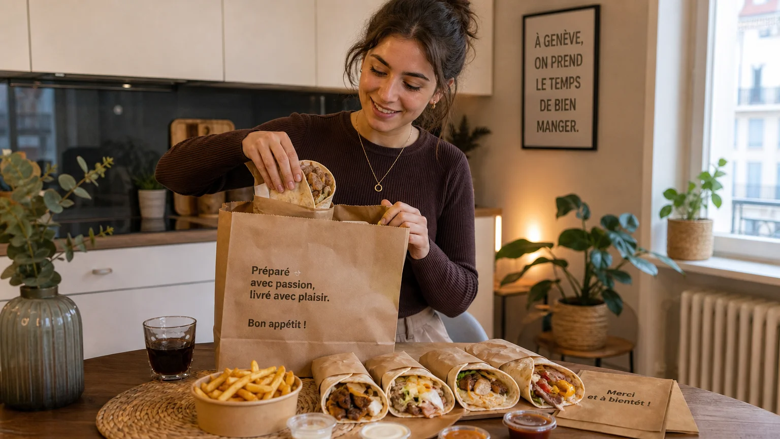 Personne déballant une livraison de tacos et burritos sur une table de cuisine