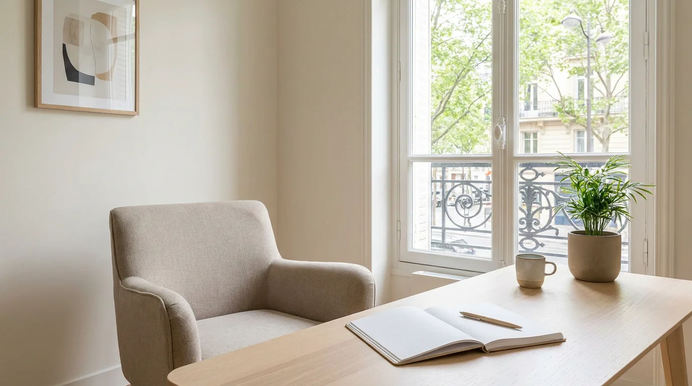 Bureau de consultation de psychothérapeute en France avec chaise vide et carnet ouvert
