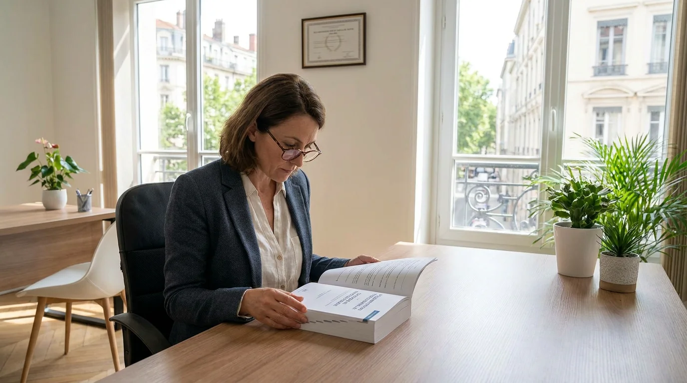Praticien consultant un document réglementaire dans un espace de travail en France