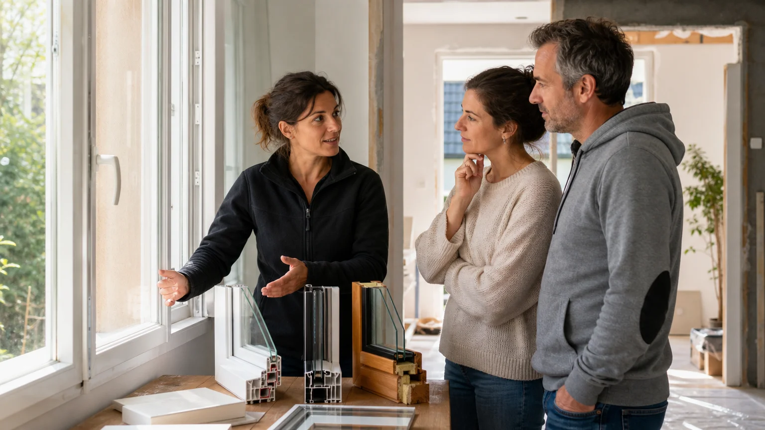 Professionnelle conseillant un couple sur le choix d’une ouverture de fenêtre